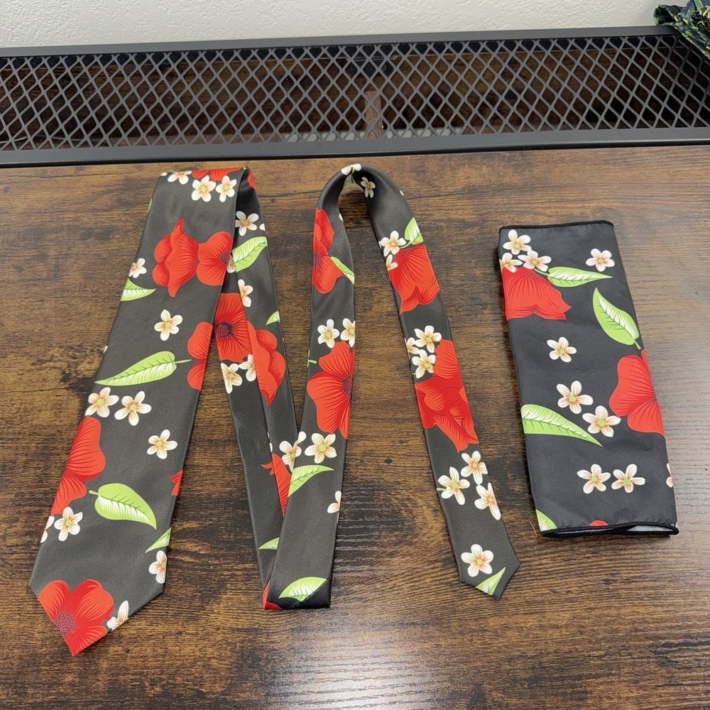 Hi-Tie Floral Tie & Pocket Square Set Black Red Flower Neck Tie Handkerchief Men